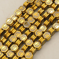 Non-magnetic Synthetic Hematite Beads Strands,Skull Side Slot Hexagonal Diamond,Plating,golden grey,9x5mm,Hole:1mm,about 42 pcs/strand,about 52 g/strand,,5 strands/package,16.96"(38mm),XBGB08950vhkb-L020