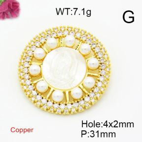 Brass Cubic Zirconia Pendants,With Plastic Imitation Pearl and Shell,Round with Virgin Mary,Gold,31mm,Hole:4x2mm,about 7.1g/pc,1 pc/package,XFPC02842aivb-L017