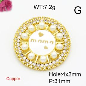Brass Cubic Zirconia Pendants,With Plastic Imitation Pearl and Shell,for Mother's Day,Round with Word Mama,Gold,31mm,Hole:4x2mm,about 7.2g/pc,1 pc/package,XFPC02844aivb-L017