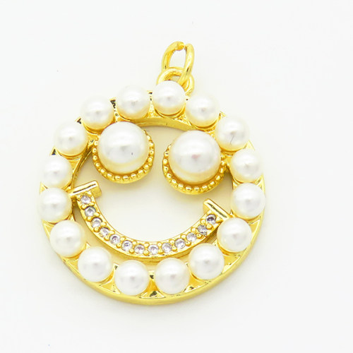 Brass Cubic Zirconia Pendants,With Plastic Imitation Pearl,Round with Smiley,Gold,22mm,Hole:2mm,about 5.3g/pc,1 pc/package,XFPC02846bhia-L017