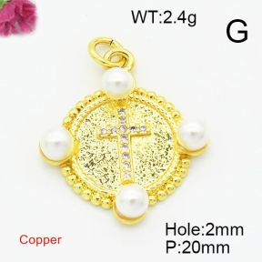 Brass Cubic Zirconia Pendants,With Plastic Imitation Pearl,Round with Cross,for Easter,Gold,20mm,Hole:2mm,about 2.4g/pc,5 pcs/package,XFPC02848baka-L017
