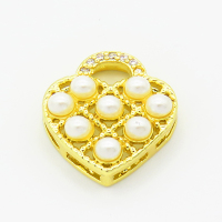 Brass Cubic Zirconia Pendants,With Plastic Imitation Pearl,Heart Lock,Gold,16x14mm,Hole:3mm,about 1.5g/pc,5 pcs/package,XFPC02850vbnb-L017
