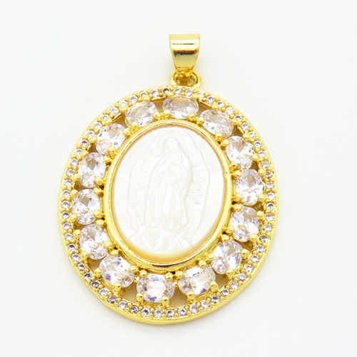 Brass Cubic Zirconia Pendants,With  Shell,Oval with Virgin Mary,Gold,28x24mm,Hole:2mm,about 5.7g/pc,1 pc/package,XFPC02852vhov-L017