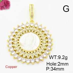 Brass Cubic Zirconia Pendants,With  Shell,Round with Virgin Mary,Gold,34mm,Hole:2mm,about 9.2g/pc,1 pc/package,XFPC02854aivb-L017