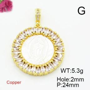 Brass Cubic Zirconia Pendants,With  Shell,Round with Virgin Mary,Gold,24mm,Hole:2mm,about 5.3g/pc,1 pc/package,XFPC02856ahlv-L017