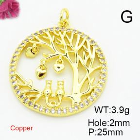 Brass Cubic Zirconia Pendants,Round,with Life Tree,Gold,25mm,Hole:2mm,about 3.9g/pc,5 pcs/package,XFPC02868ablb-L017