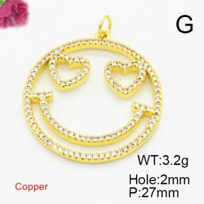 Brass Cubic Zirconia Pendants,Round,with Smiley,Gold,27mm,Hole:2mm,about 3.2g/pc,5 pcs/package,XFPC02870vbmb-L017