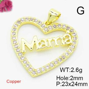 Brass Cubic Zirconia Pendants,for Mother's Day,Hollow Heart,with Word Mama,Gold,23x24mm,Hole:2mm,about 2.6g/pc,5 pcs/package,XFPC02876baka-L017