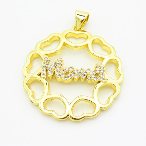 Brass Cubic Zirconia Pendants,for Mother's Day,Hollow Round,with Word Mama,Gold,28mm,Hole:2mm,about 4.6g/pc,5 pcs/package,XFPC02878ablb-L017