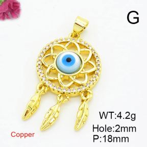 Brass Cubic Zirconia Pendants,With  Shell,Round,Devil's Eye,Gold,18mm,Hole:2mm,about 4.2g/pc,5 pcs/package,XFPC02886bbov-L017
