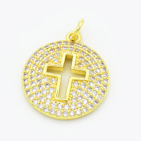 Brass Cubic Zirconia Pendants,Round,Hollow Cross,Gold,18mm,Hole:2mm,about 2.6g/pc,5 pcs/package,XFPC02899ablb-L017