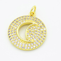 Brass Cubic Zirconia Pendants,Round,Hollow Crescent,Gold,18mm,Hole:2mm,about 2.4g/pc,5 pcs/package,XFPC02901ablb-L017