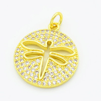 Brass Cubic Zirconia Pendants,Round,Hollow Dragonfly,Gold,18mm,Hole:2mm,about 2.5g/pc,5 pcs/package,XFPC02903ablb-L017