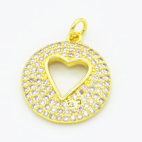 Brass Cubic Zirconia Pendants,Round,Hollow Heart-Shaped,Gold,18mm,Hole:2mm,about 2.4g/pc,5 pcs/package,XFPC02905ablb-L017