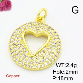 Brass Cubic Zirconia Pendants,Round,Hollow Heart-Shaped,Gold,18mm,Hole:2mm,about 2.4g/pc,5 pcs/package,XFPC02905ablb-L017