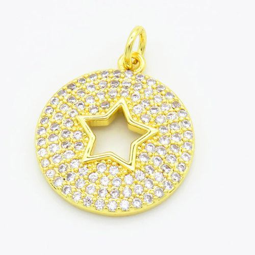 Brass Cubic Zirconia Pendants,Round,Hollow Star,Gold,18mm,Hole:2mm,about 2.5g/pc,5 pcs/package,XFPC02907ablb-L017