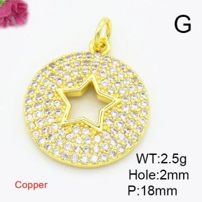 Brass Cubic Zirconia Pendants,Round,Hollow Star,Gold,18mm,Hole:2mm,about 2.5g/pc,5 pcs/package,XFPC02907ablb-L017