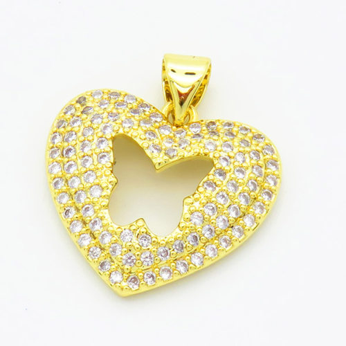 Brass Cubic Zirconia Pendants,Heart-Shaped,Hollow Butterfly,Gold,18x20mm,Hole:2mm,about 2.5g/pc,5 pcs/package,XFPC02915ablb-L017