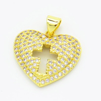 Brass Cubic Zirconia Pendants,Heart-Shaped,Hollow Cross,Gold,18x20mm,Hole:2mm,about 2.5g/pc,5 pcs/package,XFPC02917ablb-L017
