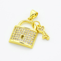 Brass Cubic Zirconia Pendants,Key Lock,Gold,17x15mm,Hole:2mm,about 2.7g/pc,5 pcs/package,XFPC02923ablb-L017