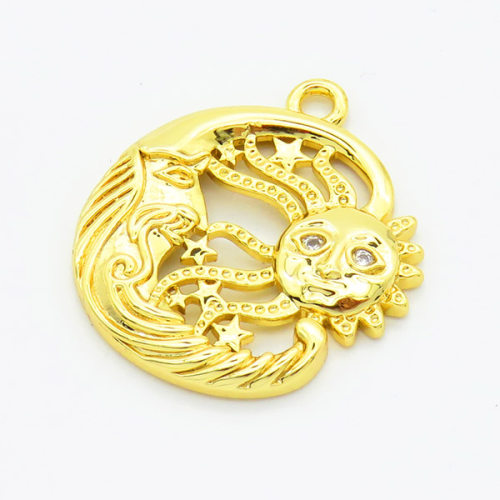 Brass Cubic Zirconia Pendants,Round,withSun Face,Gold,20mm,Hole:2mm,about 2.2g/pc,5 pcs/package,XFPC02927aajl-L017