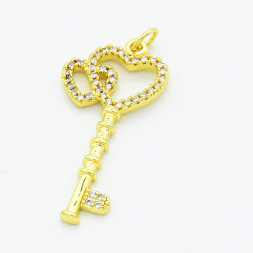 Brass Cubic Zirconia Pendants,Key,Gold,30x16mm,Hole:2mm,about 2.1g/pc,5 pcs/package,XFPC02943aajl-L017