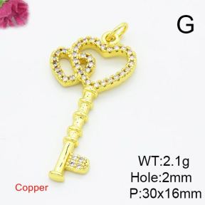 Brass Cubic Zirconia Pendants,Key,Gold,30x16mm,Hole:2mm,about 2.1g/pc,5 pcs/package,XFPC02943aajl-L017