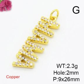 Brass Cubic Zirconia Pendants,for Mother's Day,MaMa,Gold,9x26mm,Hole:2mm,about 2.3g/pc,5 pcs/package,XFPC02945ablb-L017