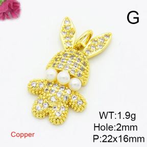 Brass Cubic Zirconia Pendants,With Plastic Imitation Pearl,Rabbit,Gold,22x16mm,Hole:2mm,about 1.9g/pc,5 pcs/package,XFPC02947ablb-L017