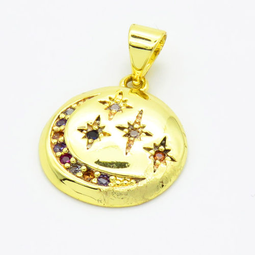 Brass Cubic Zirconia Pendants,Round,Gold,15mm,Hole:2mm,about 2.4g/pc,5 pcs/package,XFPC02955baka-L017
