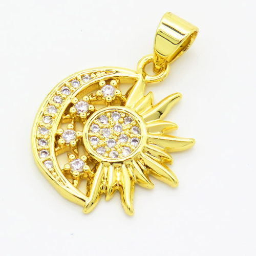 Brass Cubic Zirconia Pendants,Moon and Sun,Gold,16mm,Hole:2mm,about 1.9g/pc,5 pcs/package,XFPC02963aajl-L017