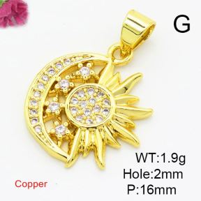 Brass Cubic Zirconia Pendants,Moon and Sun,Gold,16mm,Hole:2mm,about 1.9g/pc,5 pcs/package,XFPC02963aajl-L017