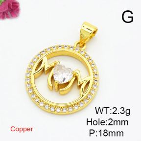 Brass Cubic Zirconia Pendants,for Mother's Day,Round with Word Mama,Gold,18mm,Hole:2mm,about 2.3g/pc,5 pcs/package,XFPC02965aajl-L017