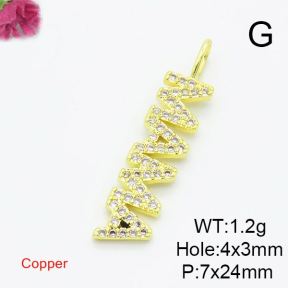 Brass Cubic Zirconia Pendants,for Mother's Day,Word Mama,Gold,7x24mm,Hole:2mm,about 1.2g/pc,5 pcs/package,XFPC02978baka-L017