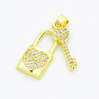 Brass Cubic Zirconia Pendants,Key Lock,Gold,21x11mm,Hole:2mm,about 2.8g/pc,5 pcs/package,XFPC02980aakl-L017