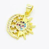Brass Cubic Zirconia Pendants,Moon and Sun,Gold,16mm,Hole:2mm,about 1.8g/pc,5 pcs/package,XFPC02994aajl-L017
