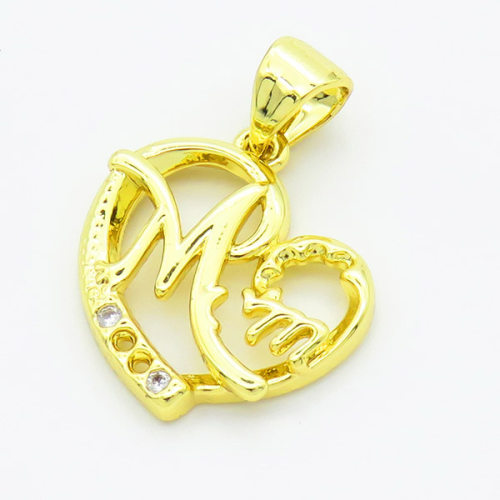 Brass Cubic Zirconia Pendants,for Mother's Day,Hollow Heart,with Word Mom,Gold,15mm,Hole:1mm,about 1.3g/pc,5 pcs/package,XFPC02996aajl-L017
