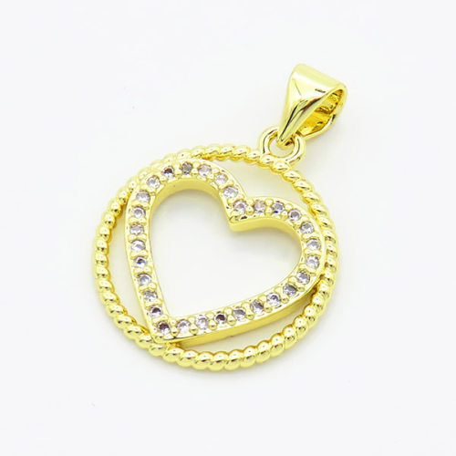 Brass Cubic Zirconia Pendants,Round,Hollow Heart-Shaped,Gold,17mm,Hole:2mm,about 1.5g/pc,5 pcs/package,XFPC03002aajl-L017