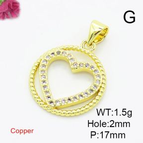 Brass Cubic Zirconia Pendants,Round,Hollow Heart-Shaped,Gold,17mm,Hole:2mm,about 1.5g/pc,5 pcs/package,XFPC03002aajl-L017