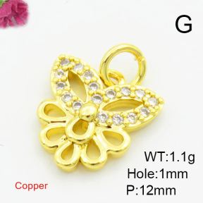 Brass Cubic Zirconia Pendants,Butterfly,Gold,12mm,Hole:1mm,about 1.1g/pc,5 pcs/package,XFPC03036vail-L017