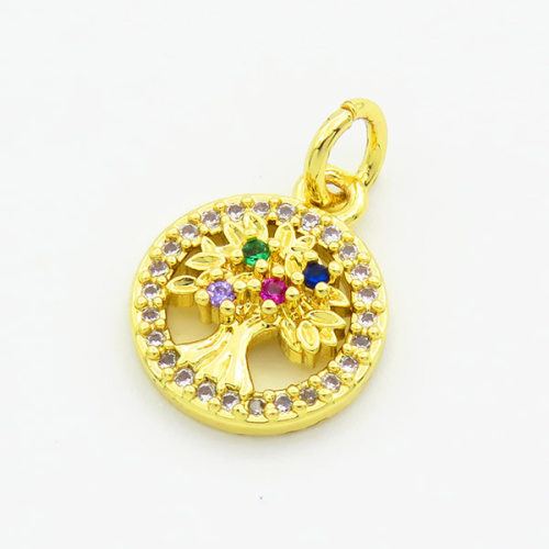 Brass Cubic Zirconia Pendants,Round,with Life Tree,Gold,11mm,Hole:1mm,about 1g/pc,5 pcs/package,XFPC03044vail-L017