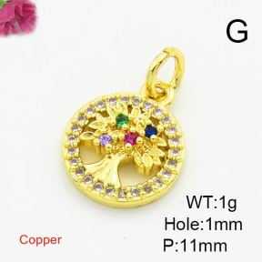 Brass Cubic Zirconia Pendants,Round,with Life Tree,Gold,11mm,Hole:1mm,about 1g/pc,5 pcs/package,XFPC03044vail-L017