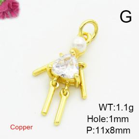 Brass Cubic Zirconia Pendants,With Plastic Imitation Pearl,Villain,Gold,Mixed Color,11x8mm,Hole:1mm,about 1.1g/pc,5 pcs/package,XFPC03050baka-L017