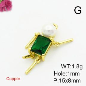 Brass Cubic Zirconia Pendants,With Plastic Imitation Pearl,Villain,Gold,Mixed Color,15x8mm,Hole:1mm,about 1.8g/pc,5 pcs/package,XFPC03054baka-L017