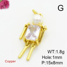 Brass Cubic Zirconia Pendants,With Plastic Imitation Pearl,Villain,Gold,Mixed Color,15x8mm,Hole:1mm,about 1.8g/pc,5 pcs/package,XFPC03054baka-L017