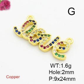 Brass Cubic Zirconia Links Connectors,Word Love,Gold,9x24mm,Hole:2mm,about 1.6g/pc,5 pcs/package,XFL01810baka-L017