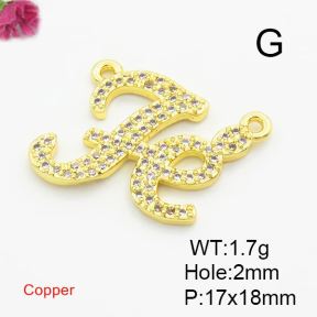 Brass Cubic Zirconia Links Connectors,Word Fe,Gold,17x18mm,Hole:2mm,about 1.7g/pc,5 pcs/package,XFL01814ablb-L017