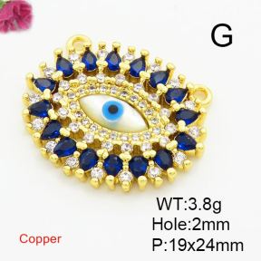 Brass Cubic Zirconia Links Connectors,With  Shell,Devil's Eye,Gold,19x24mm,Hole:2mm,about 3.8g/pc,5 pcs/package,XFL01816vbpb-L017