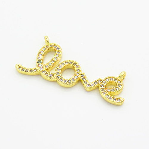 Brass Cubic Zirconia Links Connectors,Word Love,Gold,12x34mm,Hole:2mm,about 2.3g/pc,5 pcs/package,XFL01822aajl-L017