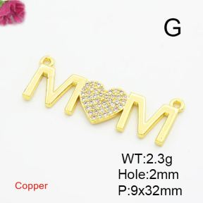 Brass Cubic Zirconia Links Connectors,for Mother's Day,Word Mom,Gold,9x32mm,Hole:2mm,about 2.3g/pc,5 pcs/package,XFL01824baka-L017